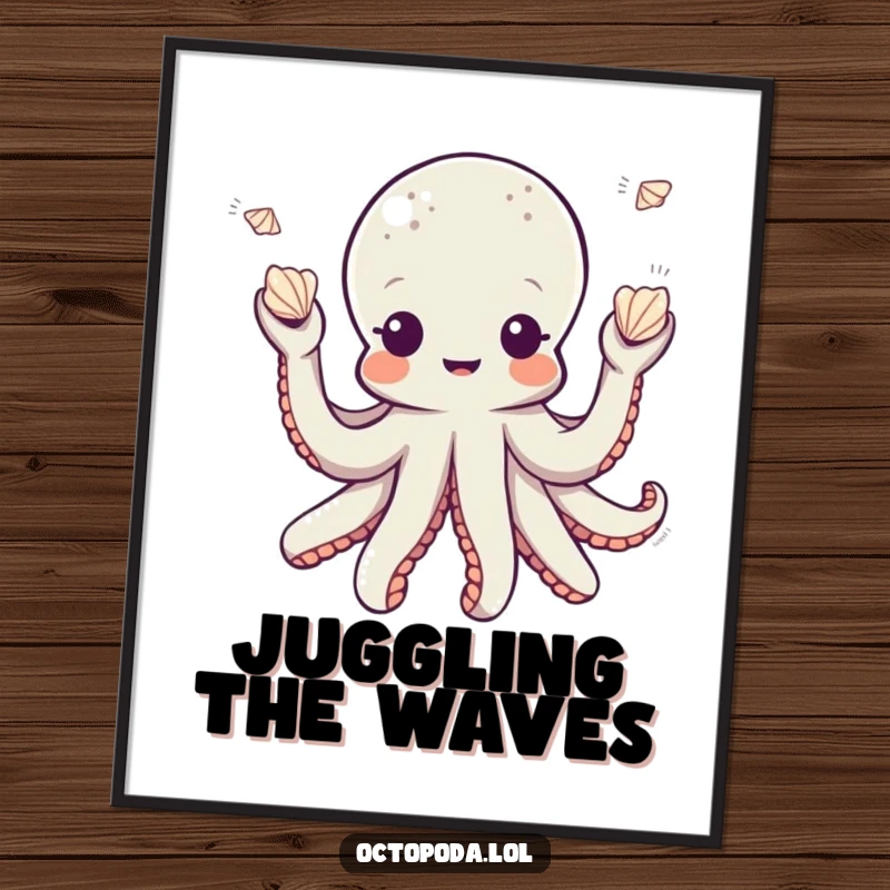 Funny octopus digital art print of a playful octopus character juggling small seashells, perfect for whimsical and fun decor.