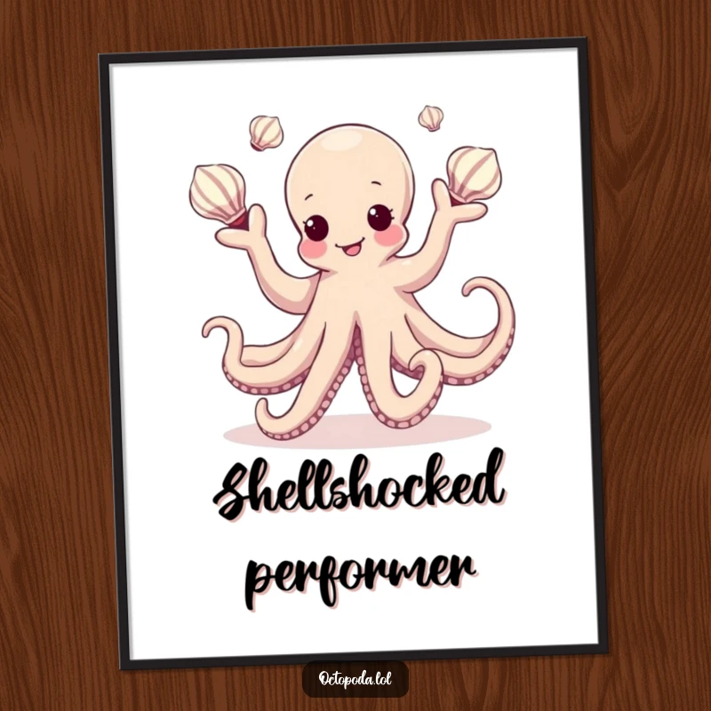 Funny Kawaii Octopus Digital Art Print of a graceful cephalopod juggling multiple colorful seashells, instant download for vibrant decor.