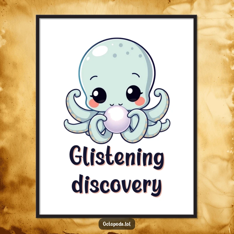 Funny Kawaii Octopus Digital Art Print of a wide-eyed cephalopod inspecting a lustrous pearl, instant download for curious decor.