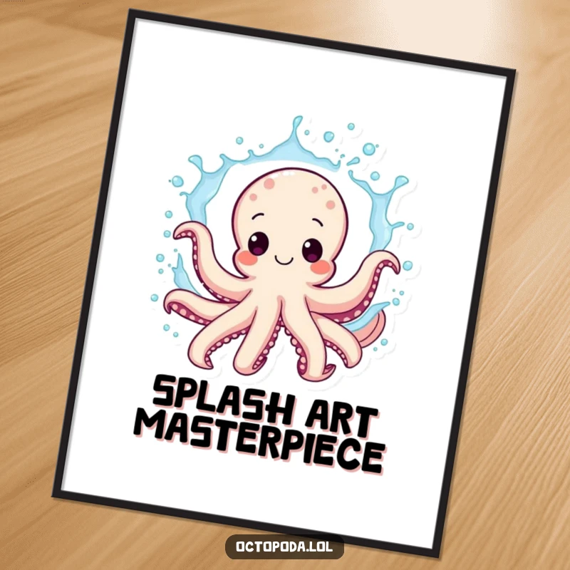 Funny octopus digital art print, a joyous cephalopod in a dynamic water splash, vibrant and full of life, humorous wall decor.
