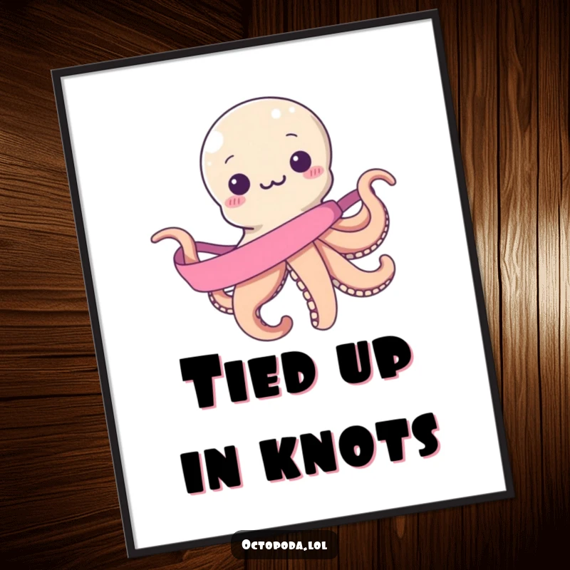 Funny digital art print: a smiling octopus comically trying to wrap itself with a single, endless ribbon, suitable for framing and digital display.