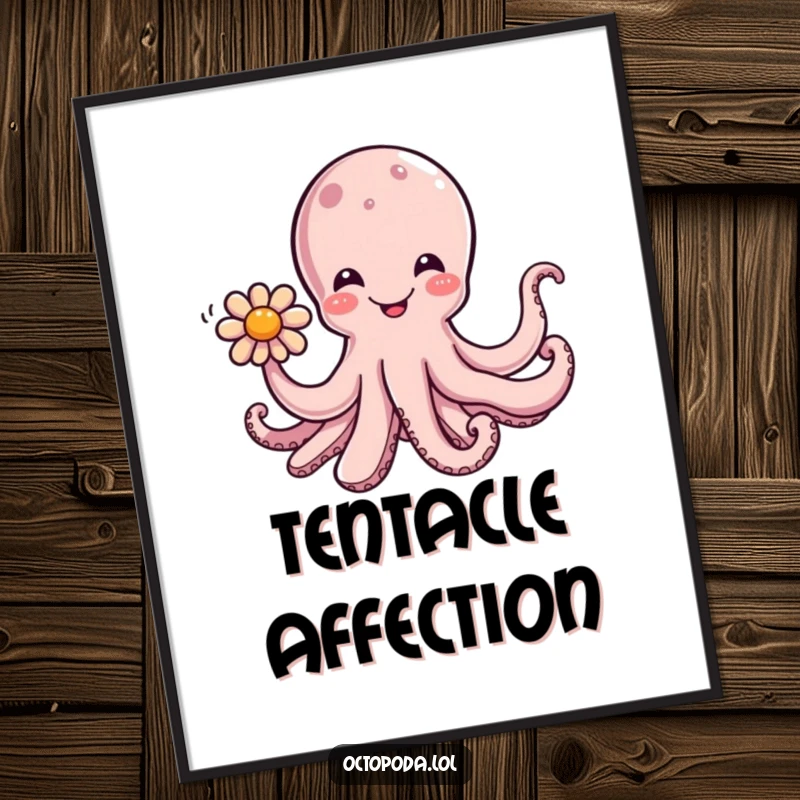Funny digital art of a happy octopus character presenting a flower with a tentacle, ideal for instant cheerful decor.
