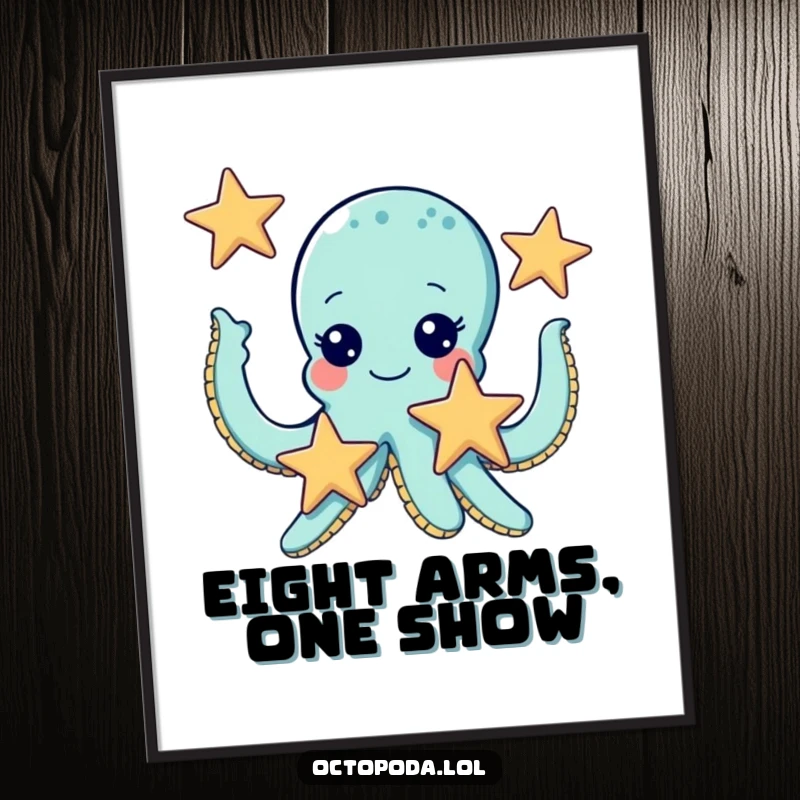 Funny digital art print of a cute octopus with beaming eyes, juggling three starfish, bringing animated humor to your decor.