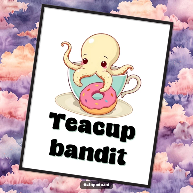 Funny Digital Art Print of a curious octopus in a teacup reaching for a donut, ideal for whimsical and fun decor.