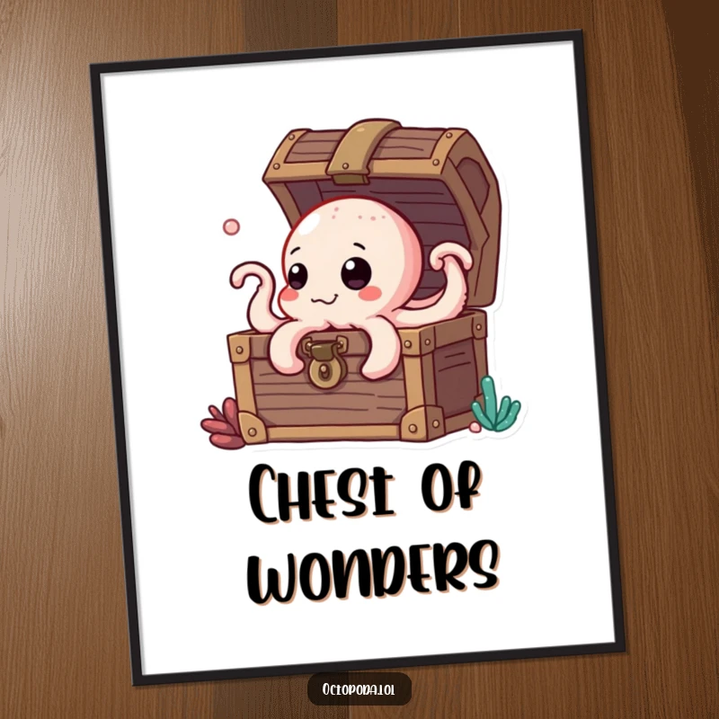 Funny digital art print of a curious octopus character peeking from a treasure chest, for adventurous, humorous decor.