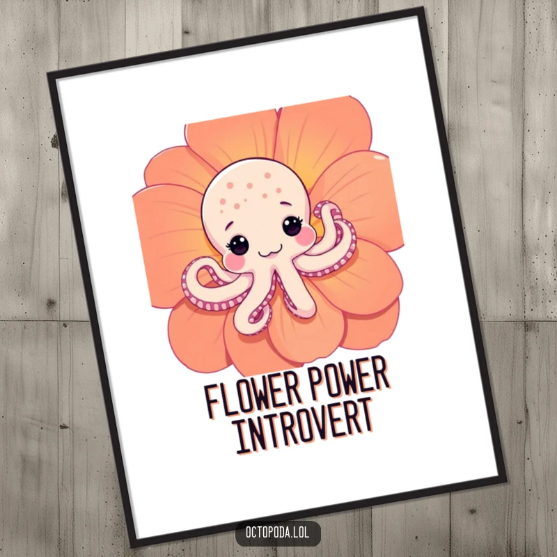 Funny Shy Octopus Digital Art Print: A downloadable art print of a shy octopus peeking from behind a flower, adding cute humor.