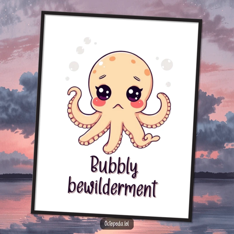 Funny digital art print of a surprised octopus with wide eyes floating in a bubbly sea, delivering instant aquatic humor.