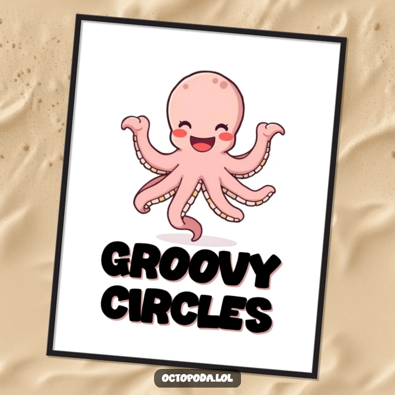 Funny digital art print of a happy octopus with a wide smile, energetically dancing with its arms in a circular motion.