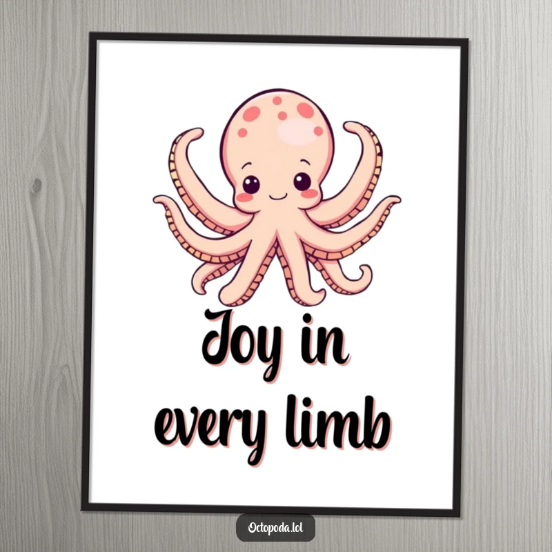 Funny octopus digital art print, a joyful cephalopod unfurling all its arms, radiating happiness and excitement, humorous wall decor.