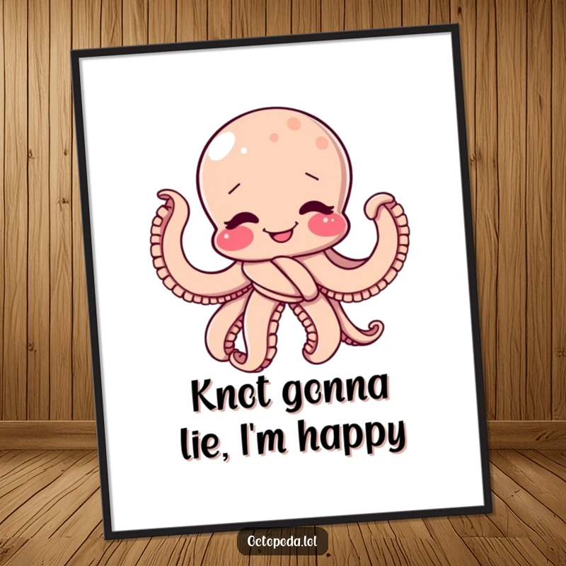 Funny Digital Art Print: A giggling octopus artfully tied in a playful knot, radiating contagious silliness.