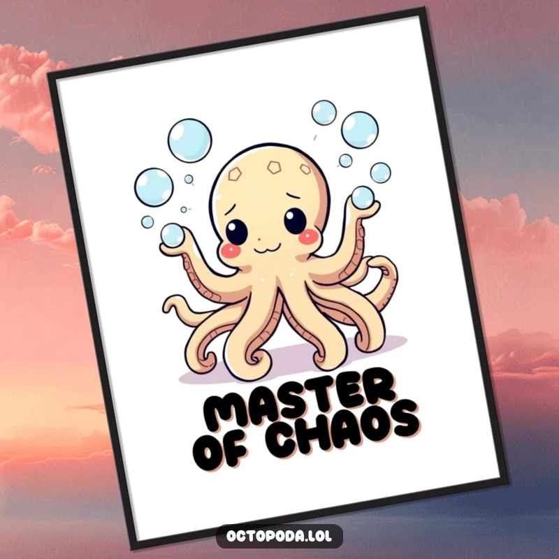 Funny Digital Art Print of a cheerful octopus juggling numerous small bubbles, a playful and humorous piece for digital art collectors.
