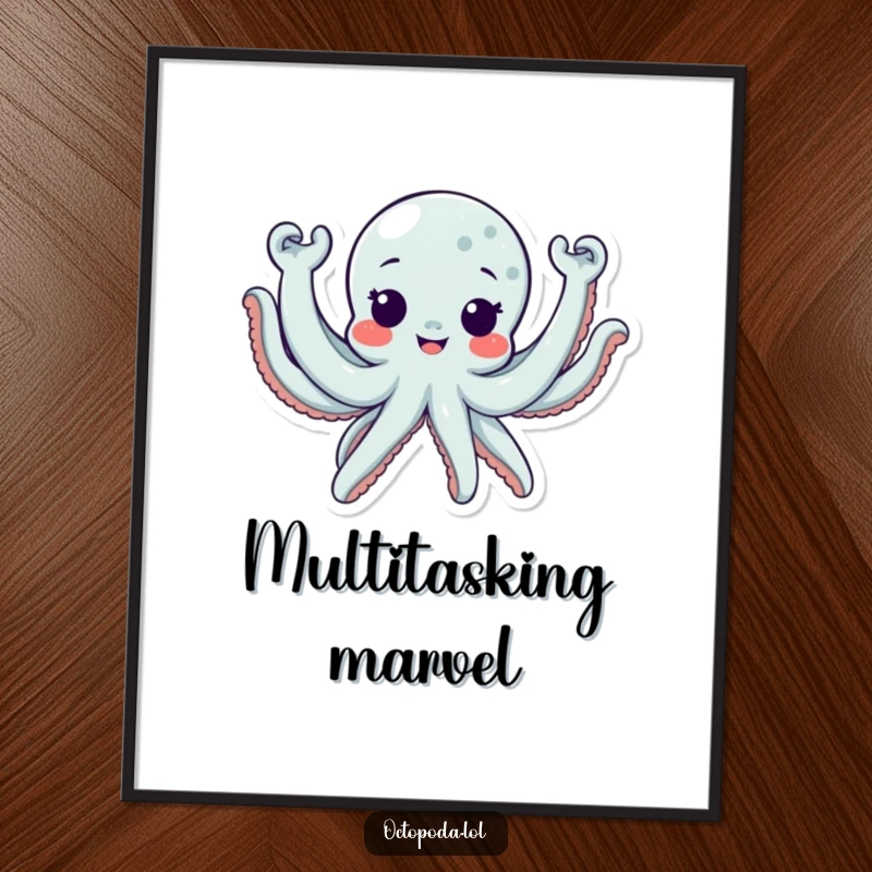 Funny Digital Art Print of a cute octopus character waving all eight arms excitedly, bringing cheerful humor to walls.