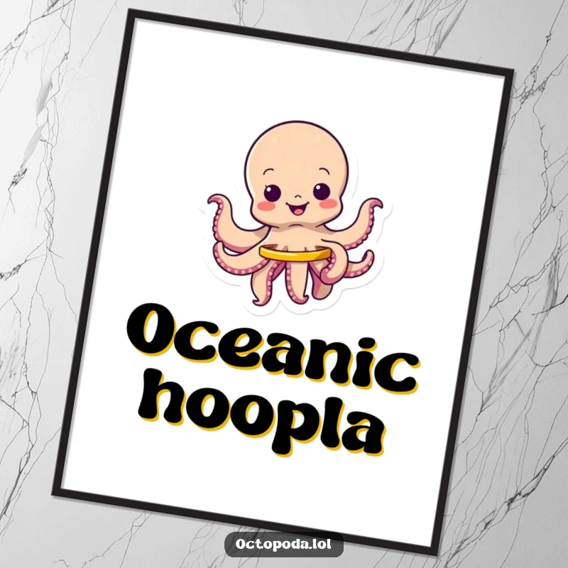 Funny digital art print of a wiggling octopus character happily spinning a small hula hoop, for vibrant, humorous decor.