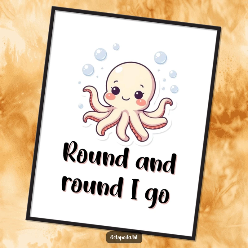 Funny octopus digital art print of a small, happy octopus swimming in a bubbly circle, perfect for vibrant wall decor.