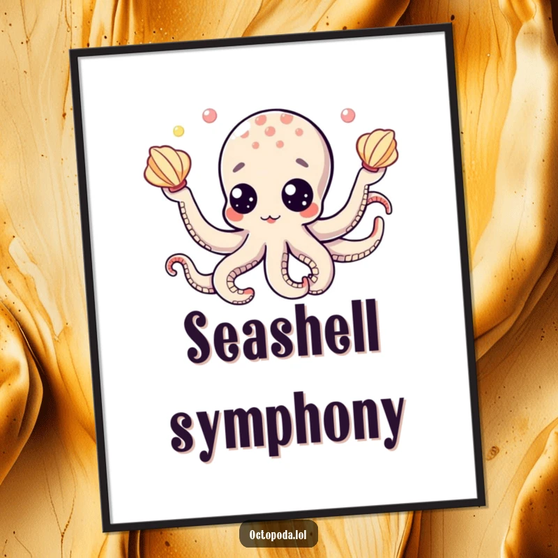 Funny digital art print of a cute octopus with big googly eyes, dynamically juggling seashells, for whimsical wall decor.
