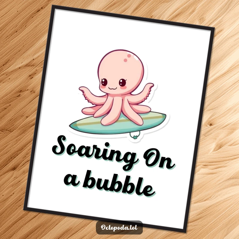 Funny bubble surfing octopus digital art print, depicting a playful octopus riding a bubble like a surfboard.