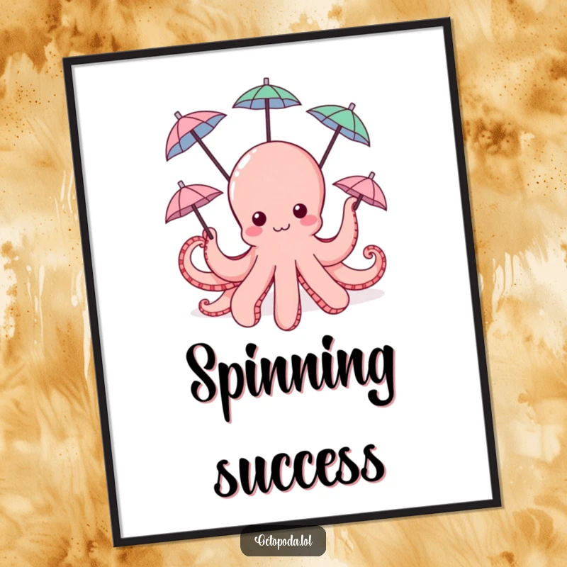 Funny Octopus Digital Art Print: a cute octopus happily spinning tiny umbrellas with its tentacles, ready for fun decor.