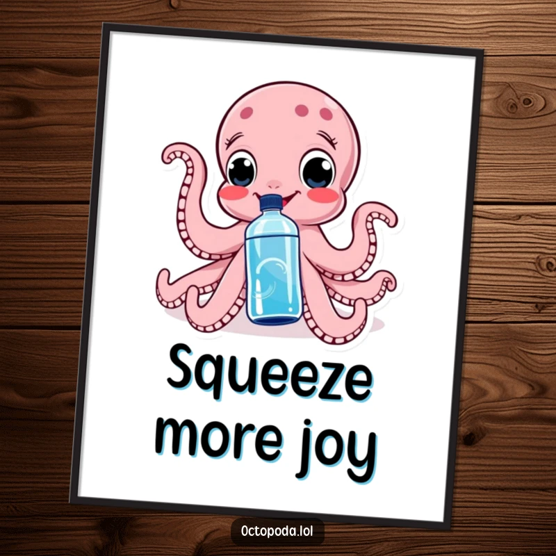 Funny digital art print of a smiling octopus playfully squeezing a water bottle, ideal for humorous wall decor.