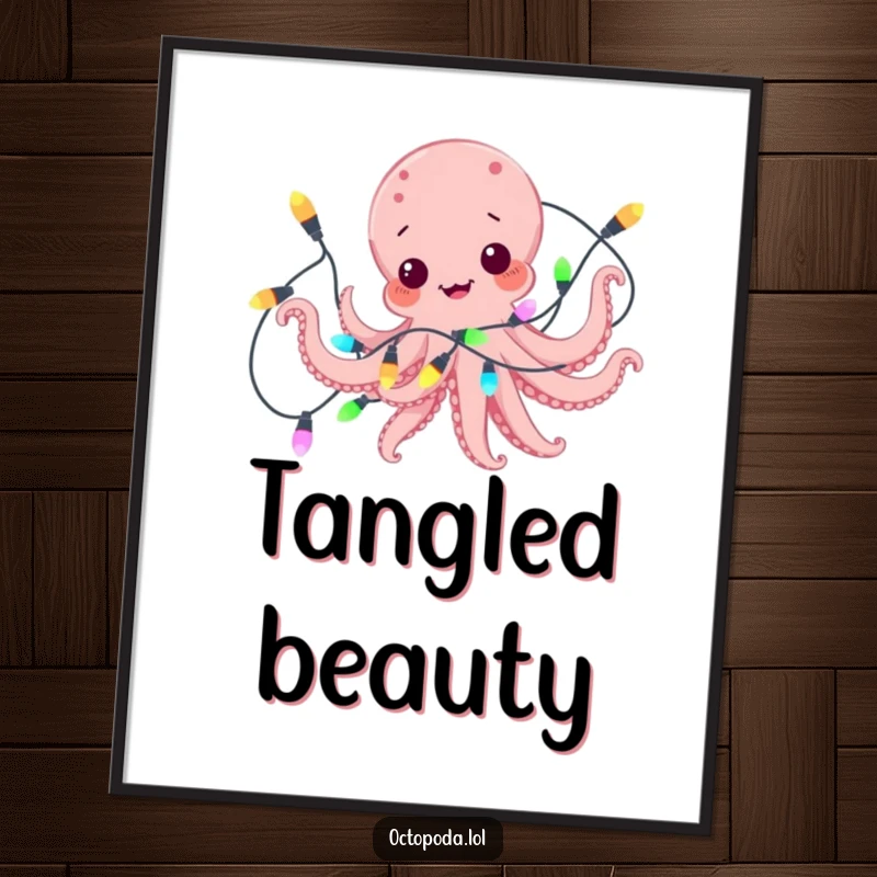 Funny digital art print of a playful octopus comically tangled in a string of vibrant, colorful lights, offering festive humor.