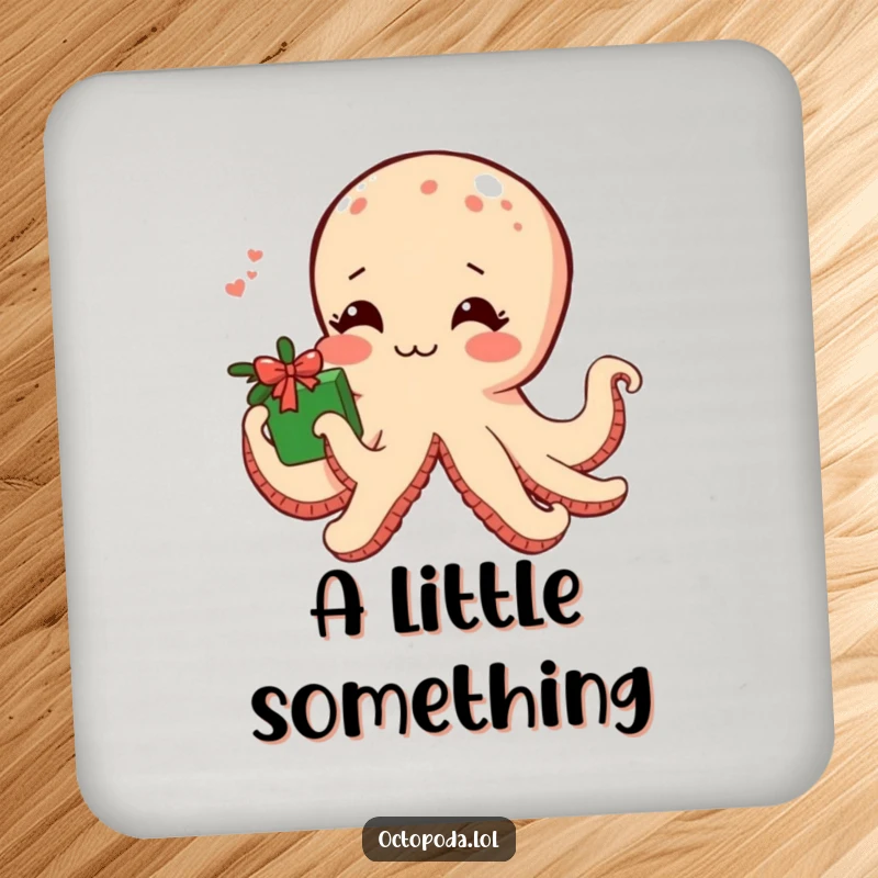 Funny drink coaster featuring a shy blushing octopus offering a gift wrapped in seaweed, protecting surfaces with sweet humor.