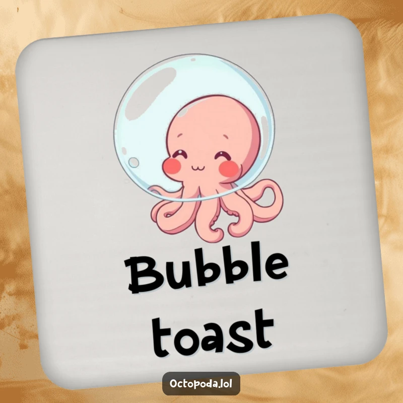Funny Octopus Coaster displaying a shy, blushing octopus character peeking from behind a bubble, ideal for protecting surfaces with charm.