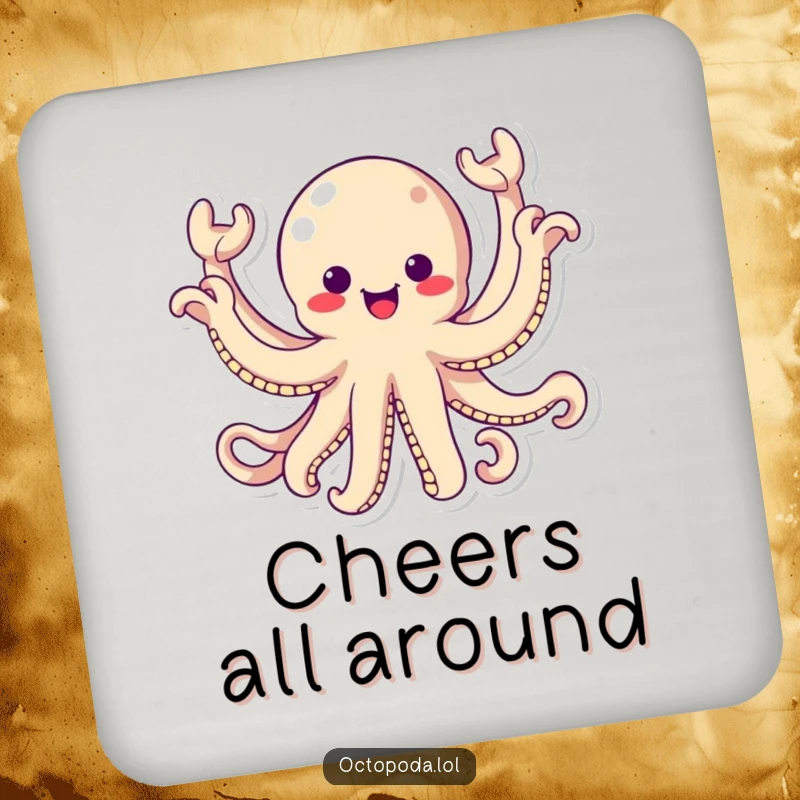 Funny Drink Coaster: A kawaii octopus energetically waving all eight arms, a humorous coaster for drinks.