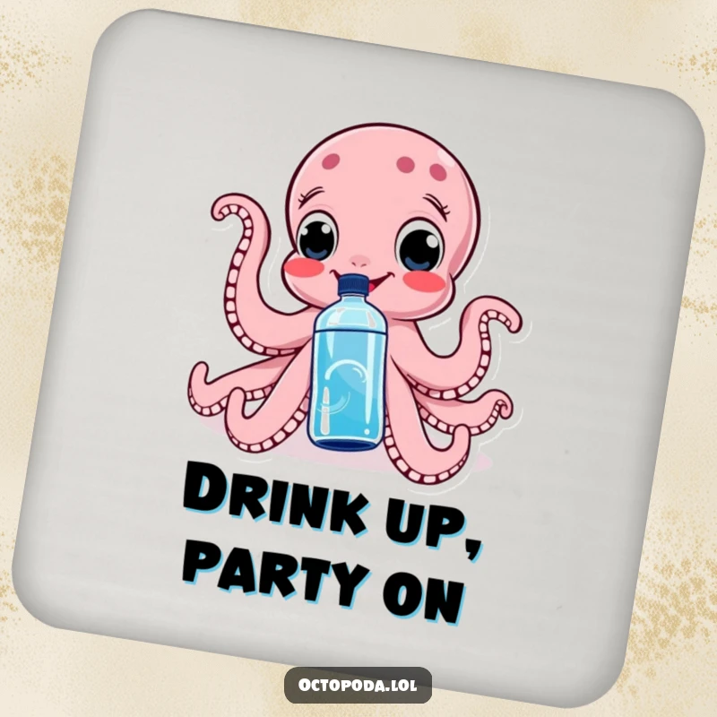 Funny coasters featuring a happy octopus squeezing a water bottle, great for adding a humorous and protective touch to tables.