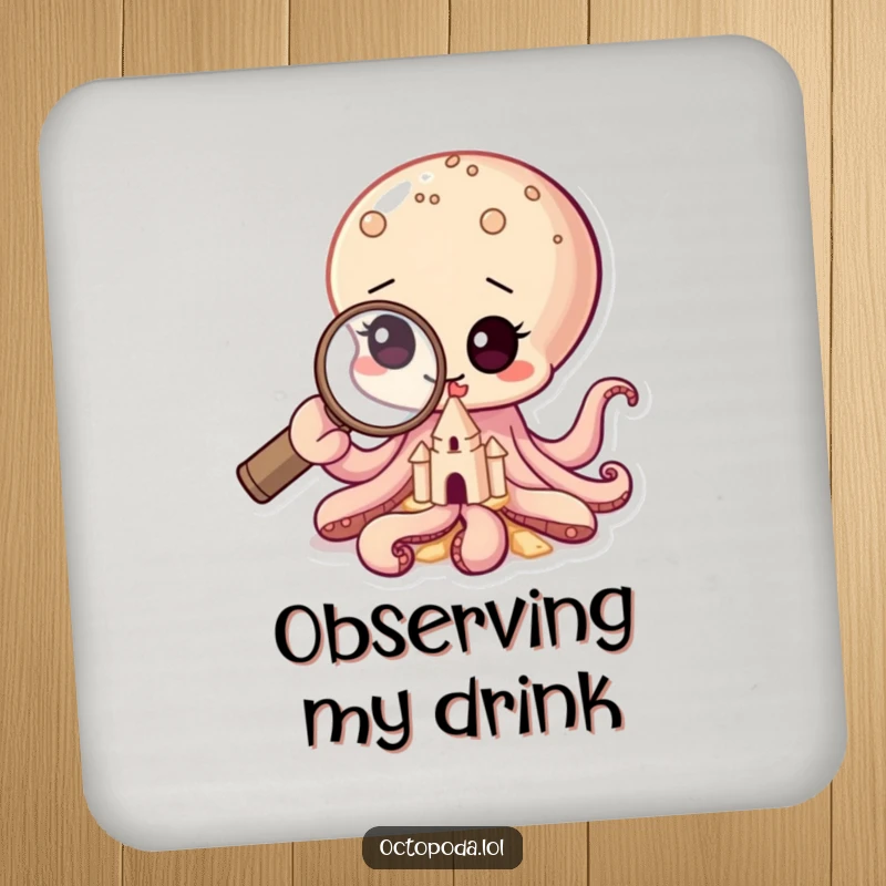 Funny drink coasters with a baby octopus using a magnifying glass on a sandcastle, adding a touch of wonder to tables.