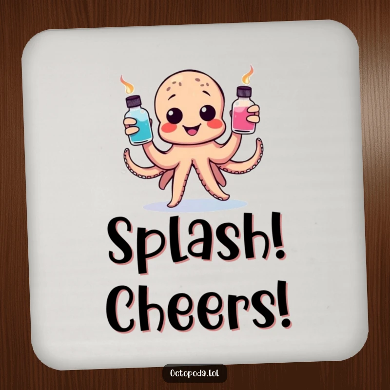 Funny coasters featuring a happy octopus juggling colorful ink bottles, great for adding a humorous and artistic touch to tables.