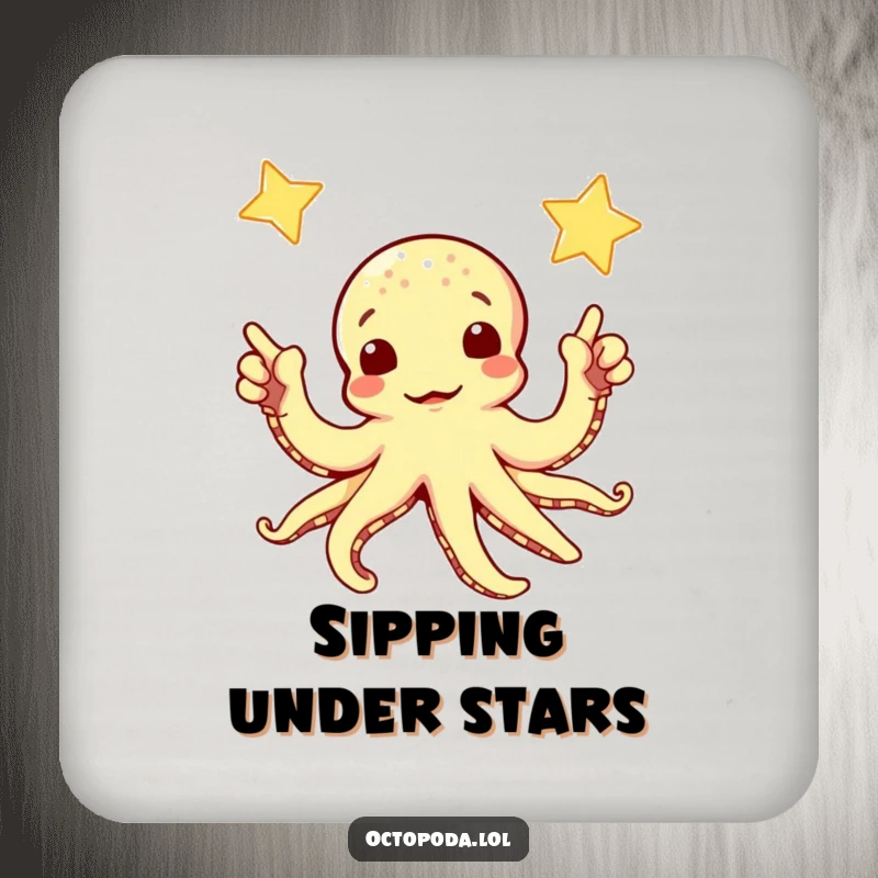 Funny drink coaster with a curious octopus pointing towards a sparkling star, adding cosmic flair to your table.