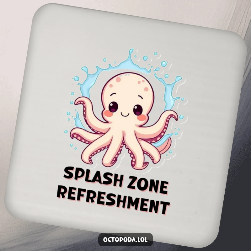 Funny octopus drink coasters, a happy cephalopod splashing water, protecting furniture with a humorous, aquatic flair, sold as a set.