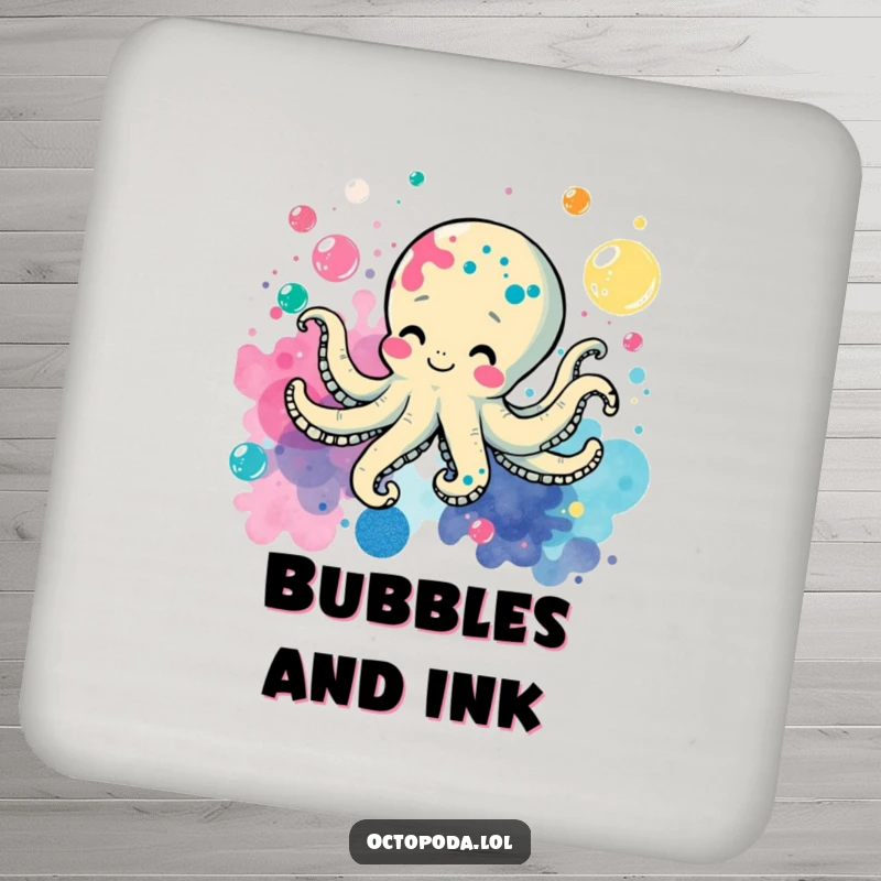 Funny coasters featuring a cheerful octopus swimming through bubbles, playfully splattering ink to add humor to your table.