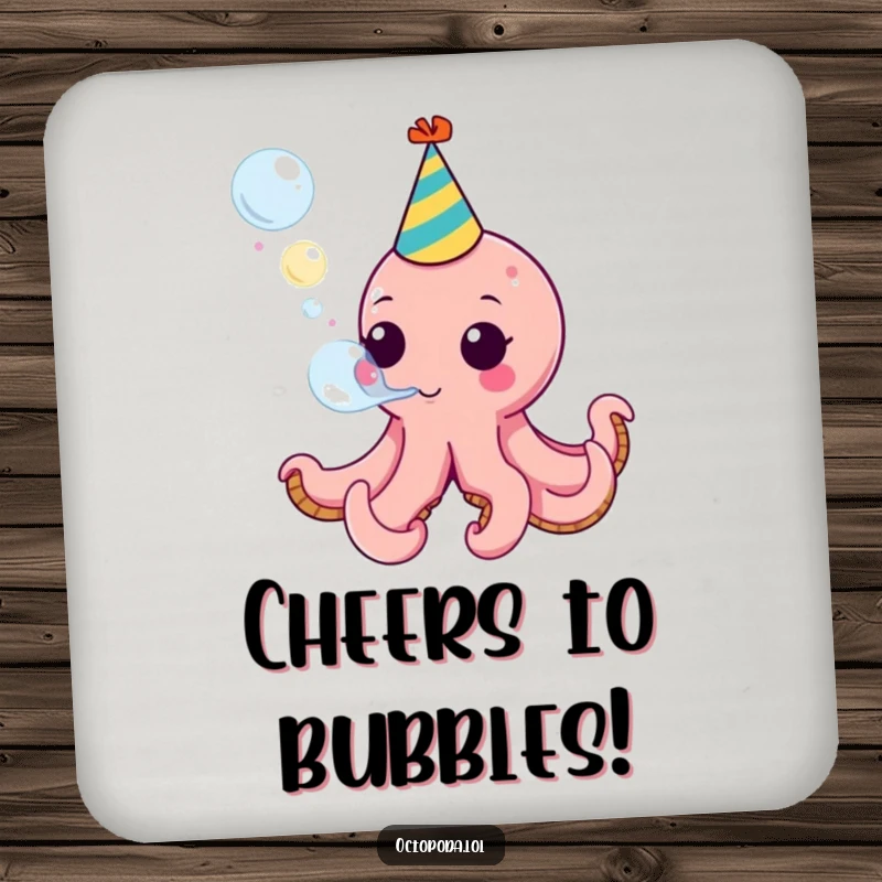 Funny coasters showcasing a party octopus blowing a bubble, great for adding a humorous and protective touch to tables.