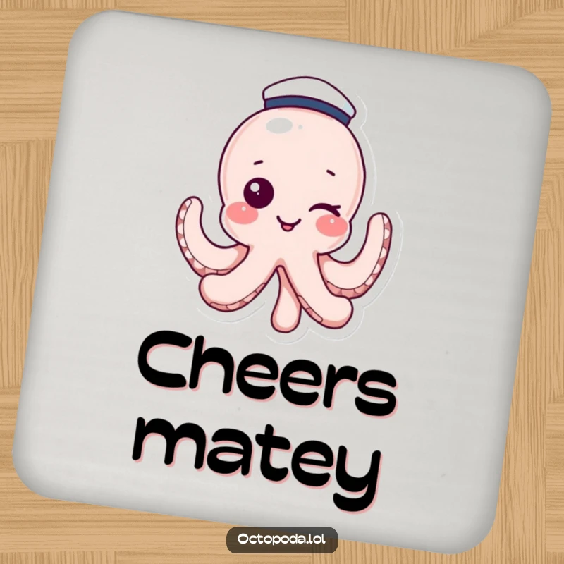 Funny coaster featuring a winking octopus wearing a sailor hat, offering humorous nautical protection. A great gift.