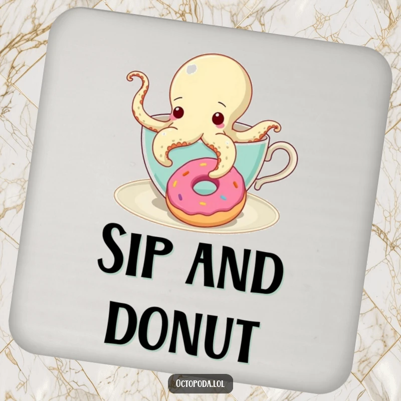 Funny Drink Coaster with a curious octopus in a teacup reaching for a donut, adding a fun touch to drinks.