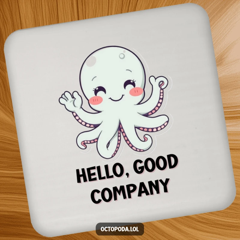 Funny drink coaster with a smiling octopus character waving hello with multiple tentacles, offering humorous table defense.