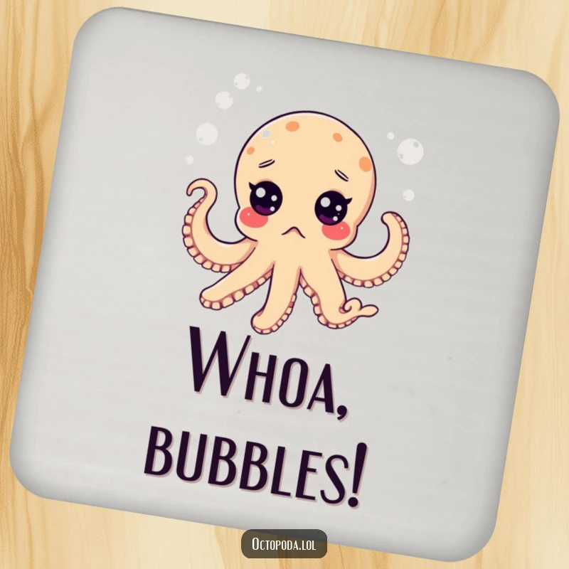 Funny drink coaster featuring a surprised octopus with wide eyes in a bubbly sea, protecting surfaces humorously.