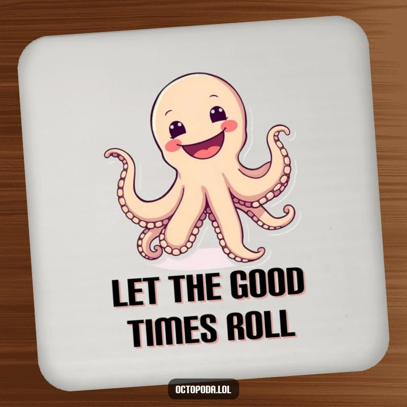 Funny drink coaster with a cartwheeling octopus sporting a wide, joyful grin, protecting surfaces with fun.
