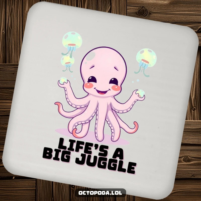 Funny drink coasters featuring a giggling octopus juggling jellyfish, adding a playful touch to any table setting.