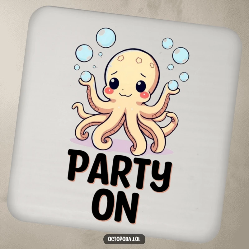Funny Drink Coaster featuring a bubbly octopus juggling bubbles, adding a touch of playful marine humor to any tabletop.