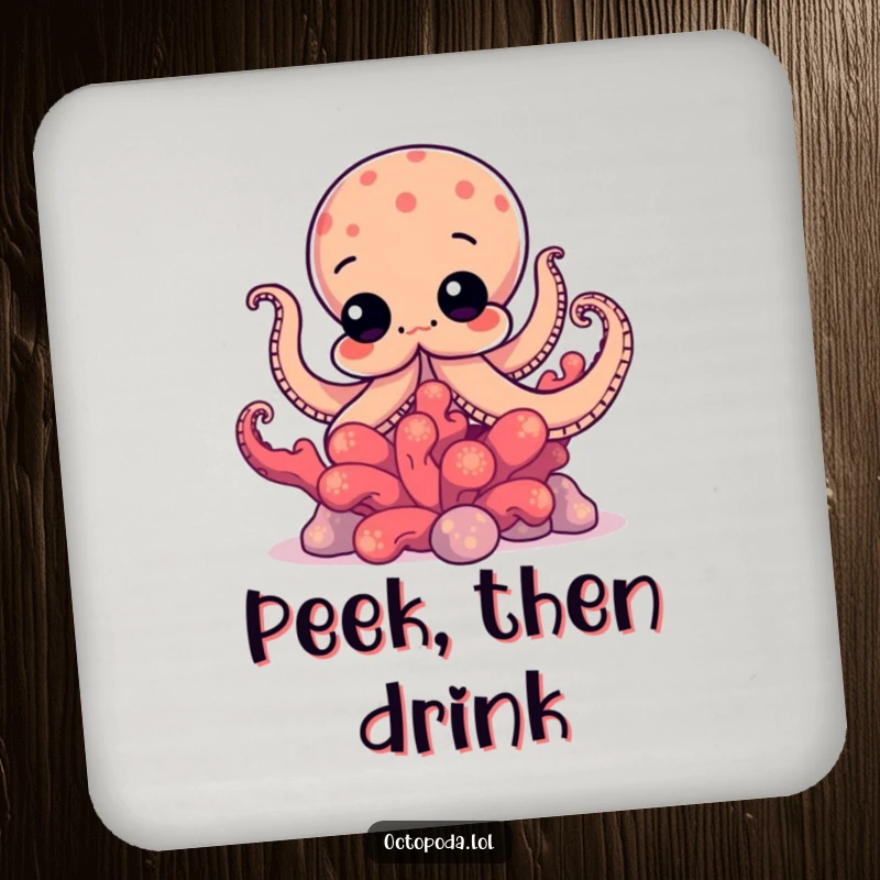 Funny coasters featuring a curious octopus peeking from behind vibrant coral, adding a humorous and intriguing element to your table.