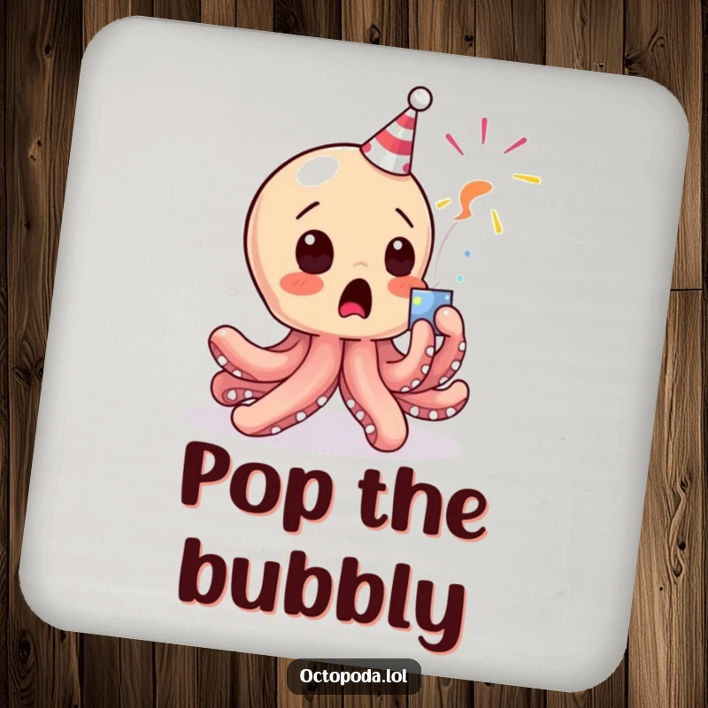 Funny Octopus Coaster: A baby octopus character comically surprised by a popping party popper, protecting surfaces.