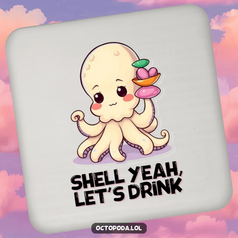 Funny drink coaster with a determined little octopus character stacking colorful shiny shells with a tentacle, elegantly protective.
