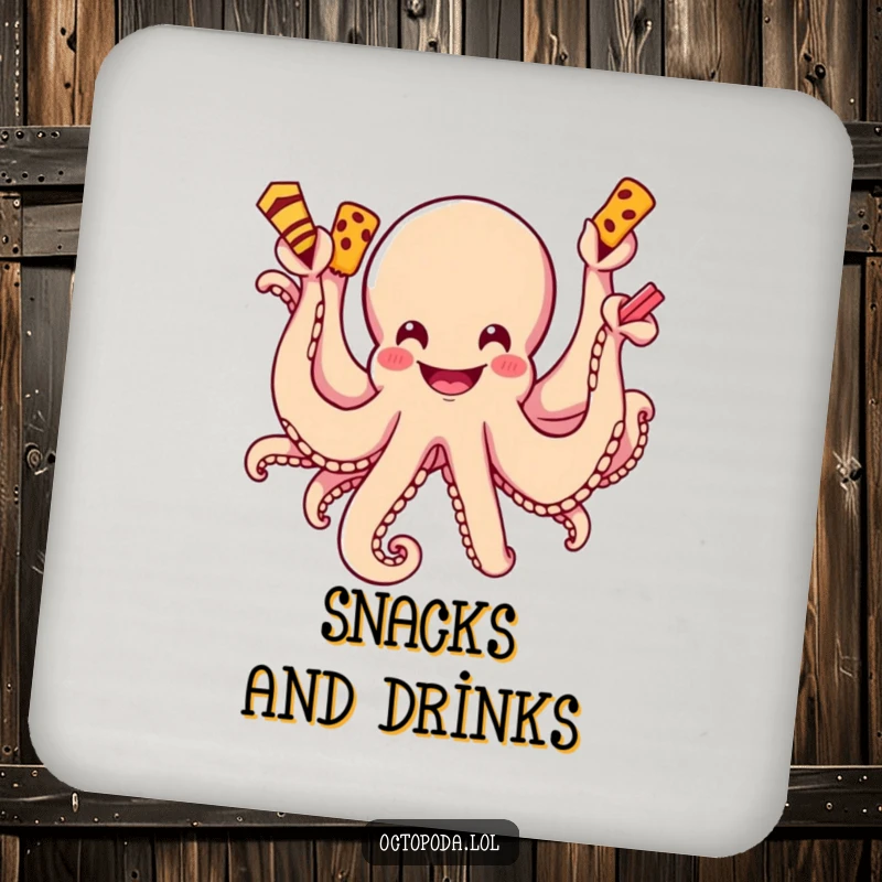 Funny drink coaster showing a grinning octopus with multiple arms reaching for tasty snacks, protecting surfaces with humor.