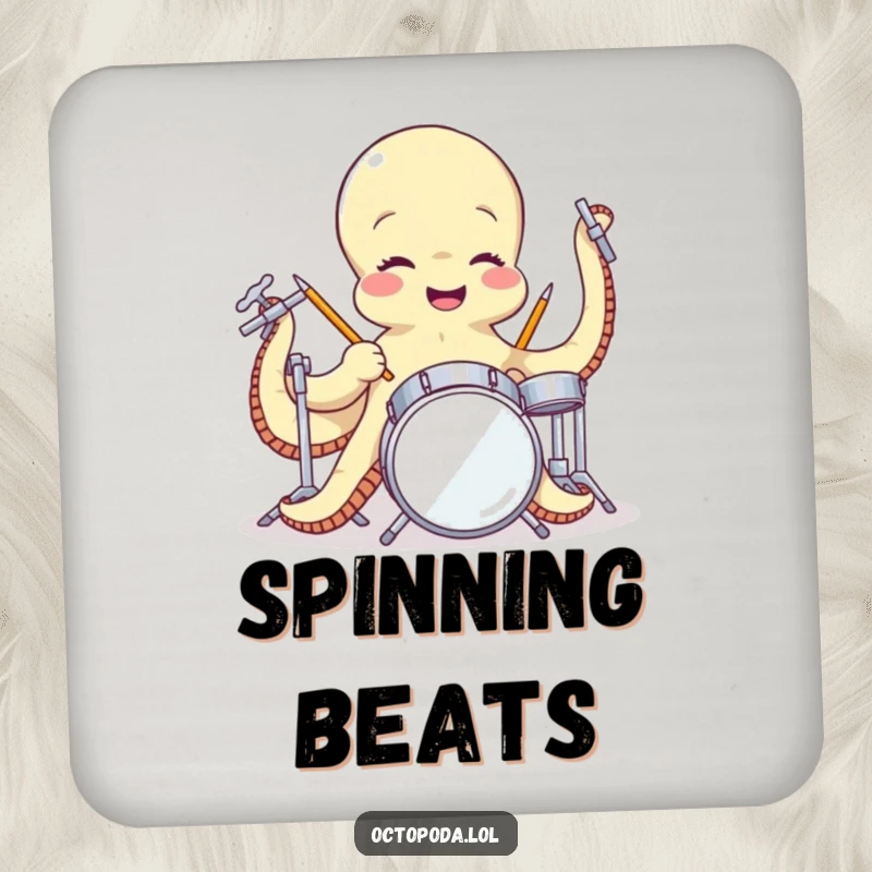 Funny drink coaster featuring a giggling octopus drummer, skillfully playing a miniature drum set, adding a musical touch to your table protection.