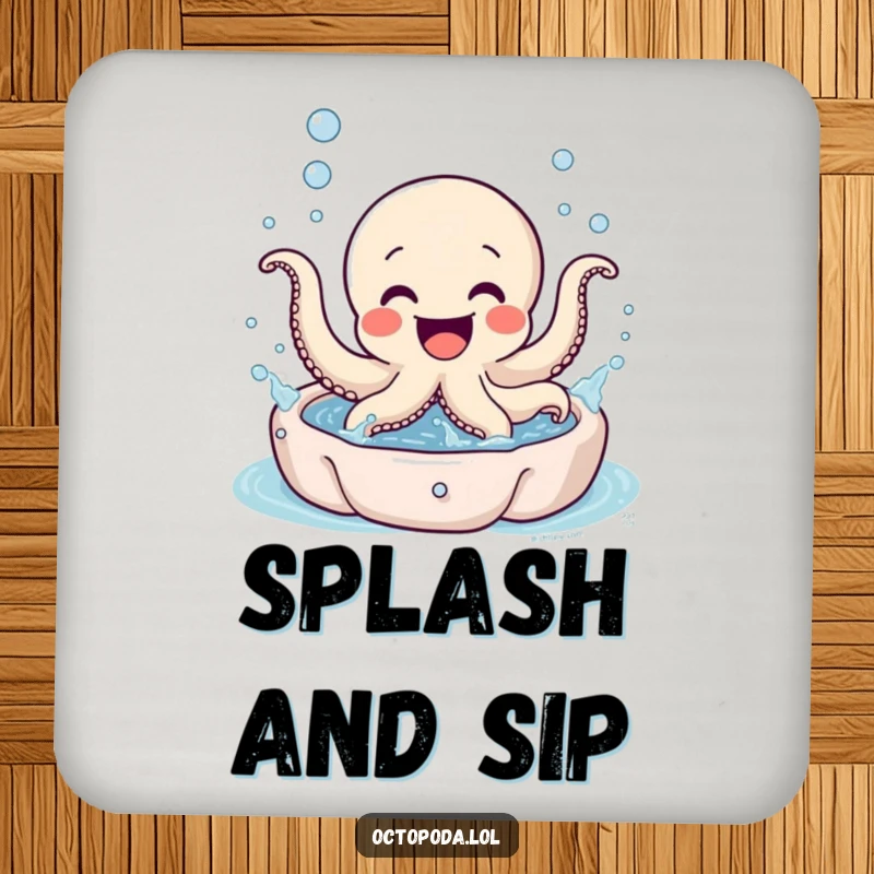 Funny Octopus Coaster: An excited octopus character gleefully splashing in a miniature bubbly pool, protecting surfaces.