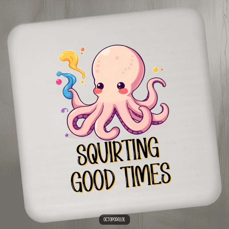 Funny Kawaii Octopus Coaster featuring a cephalopod squirting colorful ink, a protective and artistic accessory for preventing drink rings.