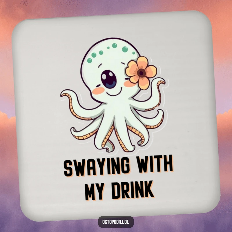 Funny drink coasters featuring a dancing octopus with a flower, adding a cheerful and lively touch to any table.