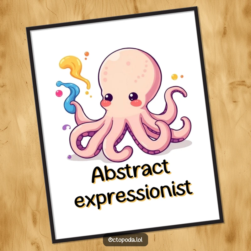 Funny Kawaii Octopus Poster depicting a cephalopod artfully squirting colorful ink in a mesmerizing swirl, vibrant wall art.