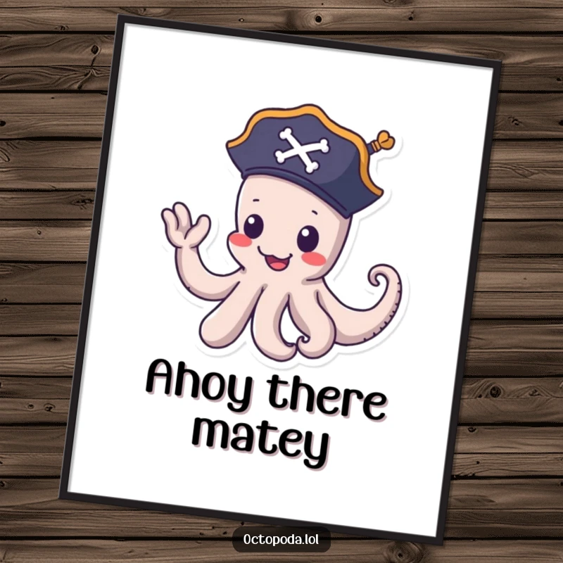 Funny pirate octopus poster: a playful octopus wearing a pirate hat waves goodbye with a tentacle, adding nautical charm to wall art.